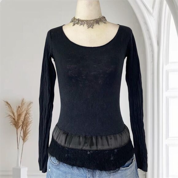 Whimsygoth Soft Grunge Black Silk Cashmere Mohair Textured Long Sleeve Top S - Picture 1 of 7